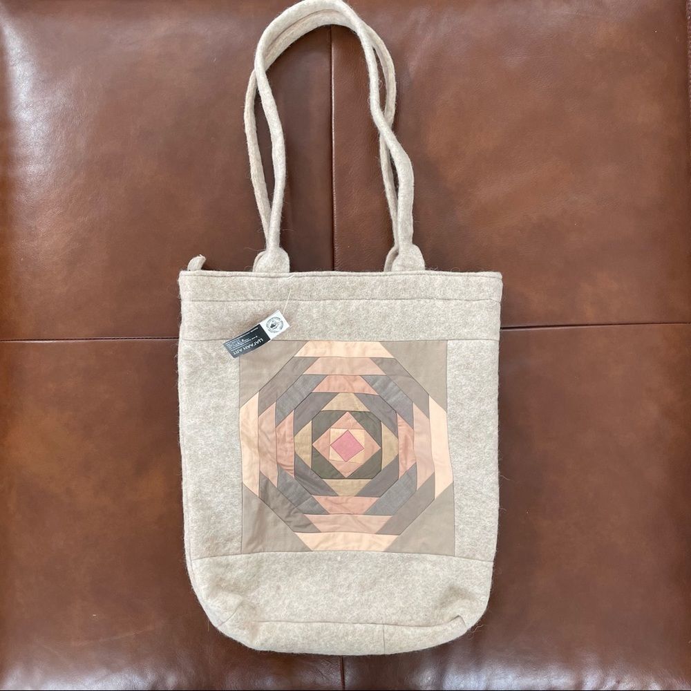 NWT Artisan Mongolian Woolcraft Quilt Square Tote Neutrals New
